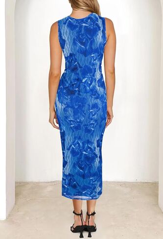 MEROKEETY Women's Summer Bodycon Tie Dye Dress Sleeveless Crew Neck Mesh Cocktail Party Maxi Dresses in Kuwait