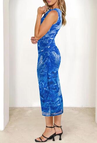 MEROKEETY Women's Summer Bodycon Tie Dye Dress Sleeveless Crew Neck Mesh Cocktail Party Maxi Dresses in Kuwait