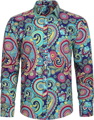 HISDERN الرجال لامعة الذهب الوردي قمصان ملهى ليلي الأزهار ملابس منقوشة بكم طويل قمصان 70s بيزلي زر أسفل قميص الحفلات in Kuwait