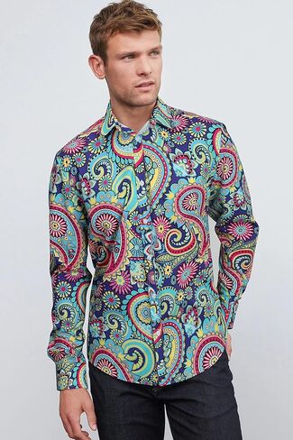 HISDERN الرجال لامعة الذهب الوردي قمصان ملهى ليلي الأزهار ملابس منقوشة بكم طويل قمصان 70s بيزلي زر أسفل قميص الحفلات in Kuwait