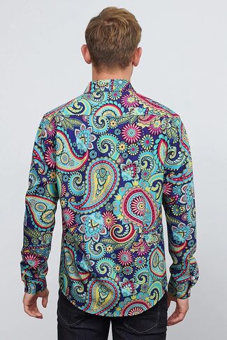 HISDERN الرجال لامعة الذهب الوردي قمصان ملهى ليلي الأزهار ملابس منقوشة بكم طويل قمصان 70s بيزلي زر أسفل قميص الحفلات in Kuwait