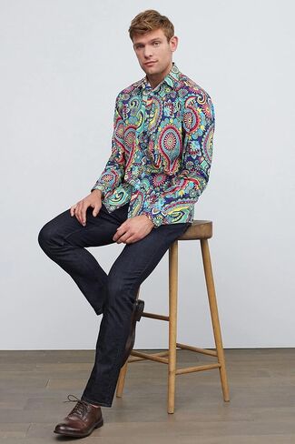 HISDERN الرجال لامعة الذهب الوردي قمصان ملهى ليلي الأزهار ملابس منقوشة بكم طويل قمصان 70s بيزلي زر أسفل قميص الحفلات in Kuwait