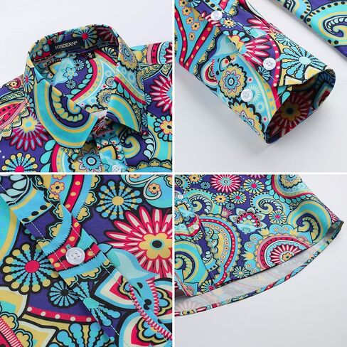 HISDERN الرجال لامعة الذهب الوردي قمصان ملهى ليلي الأزهار ملابس منقوشة بكم طويل قمصان 70s بيزلي زر أسفل قميص الحفلات in Kuwait