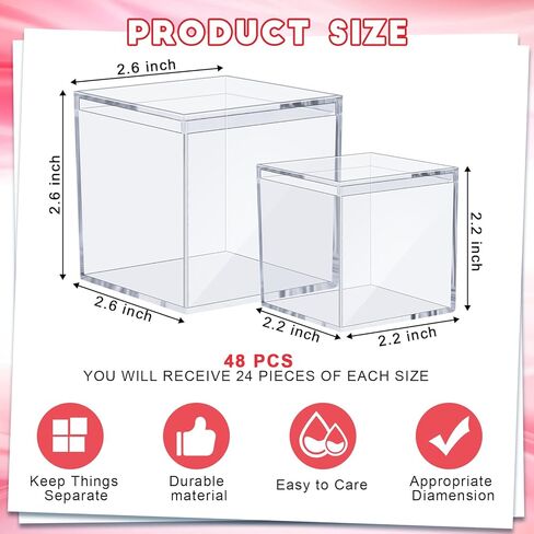 48 قطعة من صناديق البلاستيك الأكريليك الشفاف لعرض صندوق أكريليك صغير مع غطاء من البلاستيك الشفاف المكعب المربع الشفاف صندوق تزيين صغير لصناديق تخزين المجوهرات منظم حاويات الحلوى، مقاسين in Kuwait