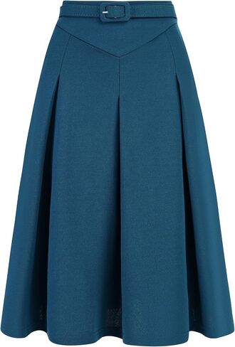 Allegra K Women's A-Line Belted Waist Casual Midi Flare Pleated Skirt in Saudi Arabia