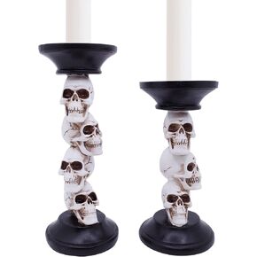 Halloween Skull Candle Holder for Fireplace Halloween Decorations, 9.5 inch Tall Polyresin Candlestick Holders White Bones Black Candlesticks for Halloween Decor, Set of 2