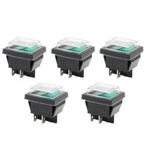 Rocker Switch ON-OFF DPST 4 Terminals Green Light 16A 250VAC with Waterproof Cover 5Pack
