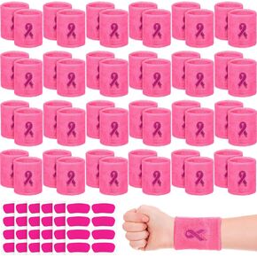 25 Pairs Pink Ribbon Wristbands Breast Cancer Awareness Sweatband for Women Breast Care Day, Sports Wristbands for Football Basketball with 50 Pairs Eye Stickers