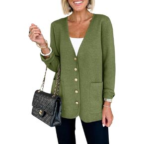 Saodimallsu Womens V Neck Cardigan Button Loose Knit Sweater Blazer Open Front Elegant Cardigans with Pockets