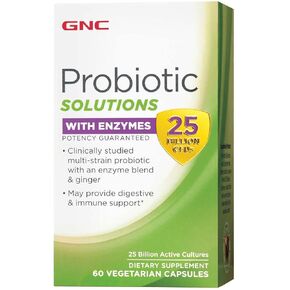 GNC Probiotic Solutions with Enzymes with 25 Billion CFUs | Clinically Studied Multi-Strain, Supports Digestive and Immune Health, Vegetarian | 60 Capsules