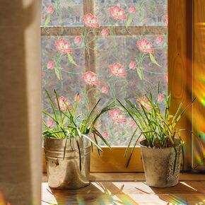 Runtoo Window Privacy Film Rainbow Poppy Flower Window Clings 3D Decorative Window Vinyl Stained Glass Floral Window Decals Static Cling Window Sticker Non-Adhesive, 15.75 x 40 inches