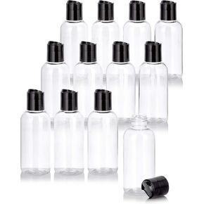 JUVITUS 4 oz / 120 ml Clear Plastic PET Boston Round Bottle (BPA Free) with Black Disc Cap (12 pack)