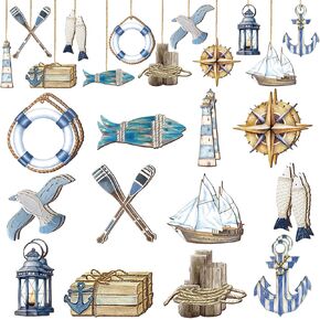 24 Pcs Summer Wooden Ornaments Ocean Beach Tree Decorations Coastal Nautical Navigation Wooden Cutouts Summer Hanging Ornaments Summer Decorations for Home Small Tree Party Office