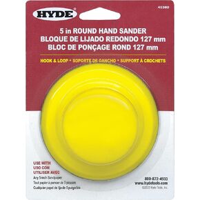 Hyde Ultimate 5" Round Hand Sander - Hook and Loop Design Ensures Fast, Quick Changes of Sandpaper Pads and Maximum Holding, 5 Sheets of Sandpaper 4 Different Grits-Included, Multi Surfaces & Crafts