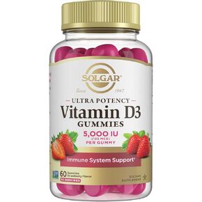 Solgar Vitamin D3 Gummies for Adults 5,000IU Ultra Potency Vitamin Immune System Support for Women & Men - Tasty Strawberry Flavor, Gluten & Gelatin Free Gummy, 2 Month Supply, 60 Servings, 2g Sugar