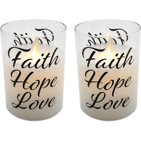 شموع زجاجية LED تعمل بالبطارية من LumaBase مع لهب وامض، Faith Hope Love - مجموعة من قطعتين in Kuwait