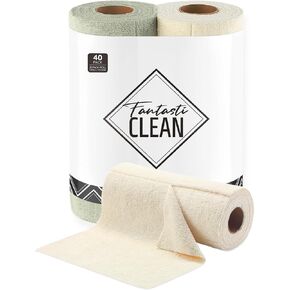 Tear-Away Dish Cloth - 40 Sheets - 10'' by 10'', Reusable Washable Kitchen Towel Rolls, Super Absorbent and Thick Microfiber Cleaning Cloths (2 Rolls of Beige and Grayish)