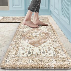 Anti Fatigue Kitchen Mats 2 PCS, Waterproof Non-Slip Cushioned Kitchen Rugs,Ergonomic Comfort Foam Standing Desk for Office,Laundry Room,Sink,Counter 17.3"x29" + 17.3"x47"(Tan)