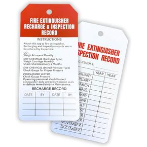 Fire Extinguisher Recharge & Monthly Inspection Record Tag | 25 Tags & 25 Red Zip Ties 2.25" x 4.5" inch Cardstock Paper Annual Hole Punch ABC White and Red Safety Hanging Labels