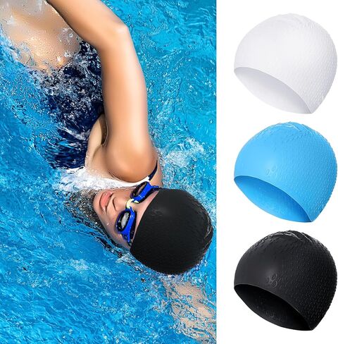 3 قطع قبعة سباحة من السيليكون للنساء والرجال، قبعة سباحة كبيرة، قبعة سباحة للبالغين للشعر القصير الطويل، قبعات حمام سباحة، قبعات سباحة للنساء للسباحة، قبعات دش مقاومة للماء تحافظ على جفاف الشعر in Kuwait