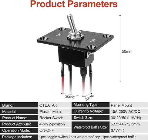 QTEATAK Prewired 4-Pin 2 Position ON/Off Button Switch, Rocker Switch, Toggle Switch with Mounting Plate - Waterproof Cap Included in Saudi Arabia