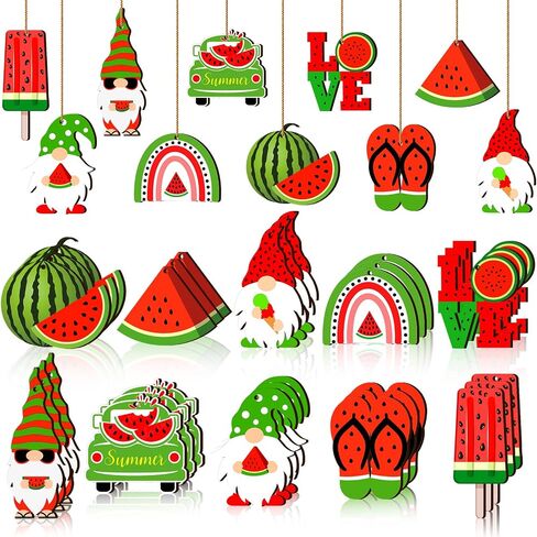 30 Pcs Summer Tree Ornaments Wood Gnomes Hanging Ornaments Summer Fruit Wood Gift Tags with String Summer Tree Decorations for Home Hawaiian Holiday Party Decoration (Watermelon Style) in Saudi Arabia