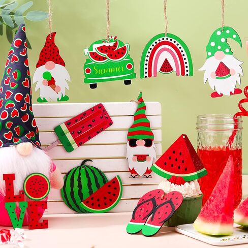 30 Pcs Summer Tree Ornaments Wood Gnomes Hanging Ornaments Summer Fruit Wood Gift Tags with String Summer Tree Decorations for Home Hawaiian Holiday Party Decoration (Watermelon Style) in Saudi Arabia