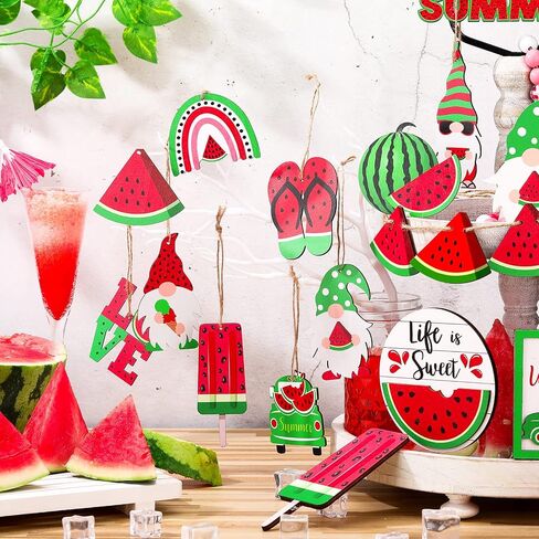 30 Pcs Summer Tree Ornaments Wood Gnomes Hanging Ornaments Summer Fruit Wood Gift Tags with String Summer Tree Decorations for Home Hawaiian Holiday Party Decoration (Watermelon Style) in Saudi Arabia