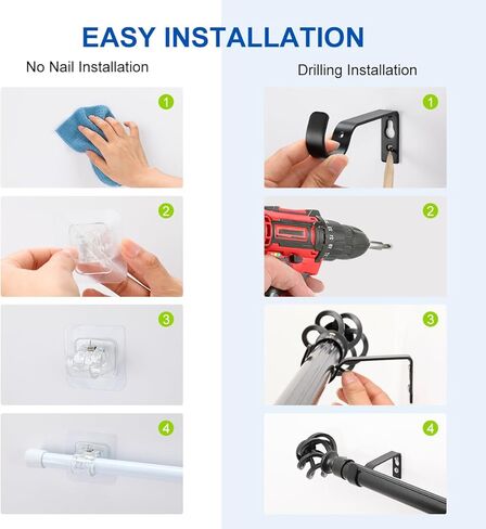 LANMU 2 حزمة الثقيلة قضيب الستارة حامل السنانير للنوافذ و 6 حزمة لا الحفر قضيب الستارة بين قوسين لاصق قضيب الستارة الشماعات in Kuwait