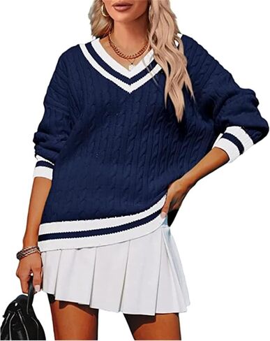 InterNos Women's Casual V Neck Long Sleeve Sweater Trendy Striped Pullover Cable Knit Preppy Sweaters in Saudi Arabia