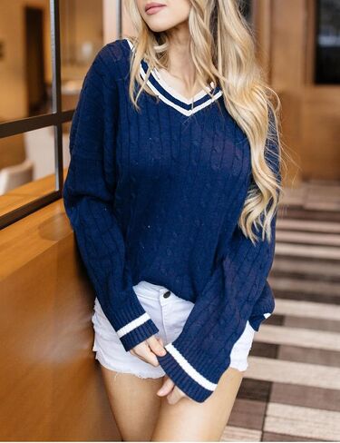 InterNos Women's Casual V Neck Long Sleeve Sweater Trendy Striped Pullover Cable Knit Preppy Sweaters in Saudi Arabia