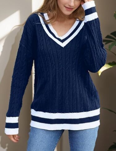 InterNos Women's Casual V Neck Long Sleeve Sweater Trendy Striped Pullover Cable Knit Preppy Sweaters in Saudi Arabia