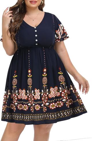 Pinup أزياء المرأة حجم كبير بوهو زر الجبهة فساتين مكشكشة قصيرة الأكمام طول الركبة الصيف السببية فستان محكم من عند الصدر ويتدلى بشكل واسع in Saudi Arabia