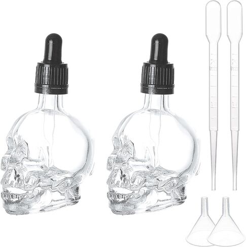 BENECREAT 2Pcs 1.69oz Skull Glass Dropper Bottles Empty Clear Dropper Bottle with 2pcs Hopper and 2pcs 1ml Pipettes for Terror Halloween Decoration, Flavor and Oil Dispenser in Saudi Arabia
