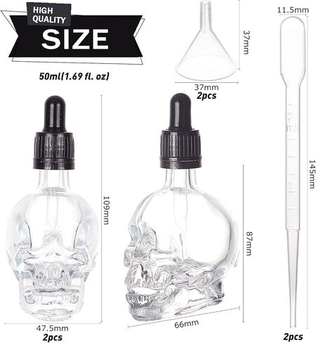 BENECREAT 2Pcs 1.69oz Skull Glass Dropper Bottles Empty Clear Dropper Bottle with 2pcs Hopper and 2pcs 1ml Pipettes for Terror Halloween Decoration, Flavor and Oil Dispenser in Saudi Arabia