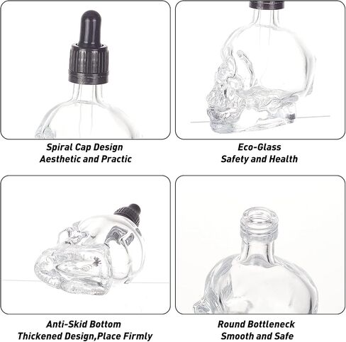 BENECREAT 2Pcs 1.69oz Skull Glass Dropper Bottles Empty Clear Dropper Bottle with 2pcs Hopper and 2pcs 1ml Pipettes for Terror Halloween Decoration, Flavor and Oil Dispenser in Saudi Arabia