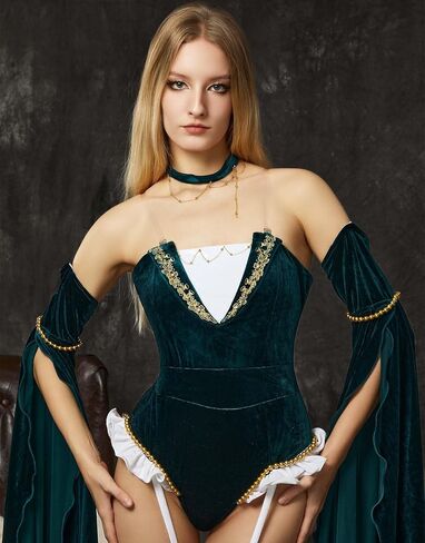 Women Medieval One Piece Bodysuit Top Corset Velvet Leotard Costume with Stockings Choker Halloween in Saudi Arabia