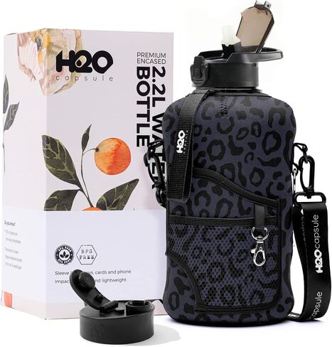 H2O Capsule 2.2L Half Gallon Water Bottle with Storage Sleeve and Removable Straw – BPA Free Large Reusable Drink Container with Handle - Big Sports Jug, 2.2 Liter (74 Ounce), Black Leopard in Saudi Arabia