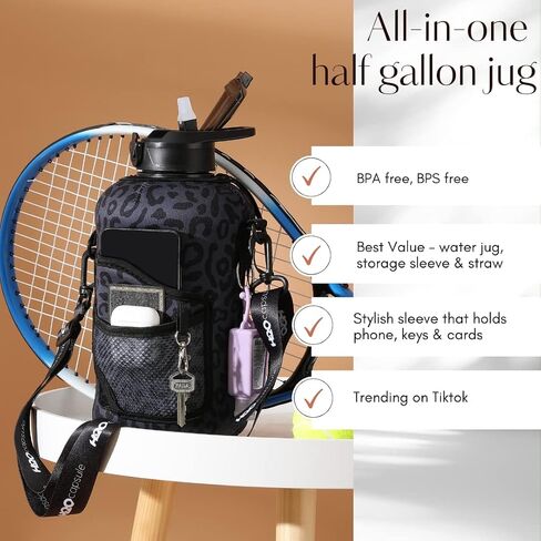H2O Capsule 2.2L Half Gallon Water Bottle with Storage Sleeve and Removable Straw – BPA Free Large Reusable Drink Container with Handle - Big Sports Jug, 2.2 Liter (74 Ounce), Black Leopard in Saudi Arabia