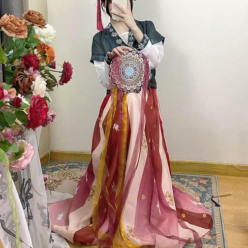 فستان Hanfu النسائي الحديث بياقة دائرية Duijin Qiyao Ruqun الصينية تانغ سلالة التقليدية زي الرقص أداء ارتداء in Kuwait