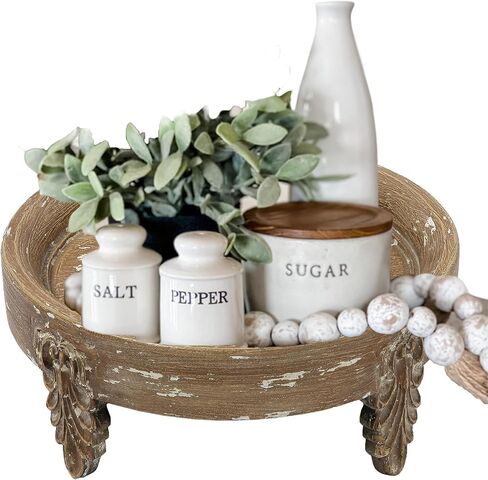 SOFE Handcrafted 12 Inch Round Wood Pedestal Stand - Large Round Serving Tray - Unique Small Coffee Table - Farmhouse Decorative Trays for Living Room Entryway Decor Organization in Saudi Arabia