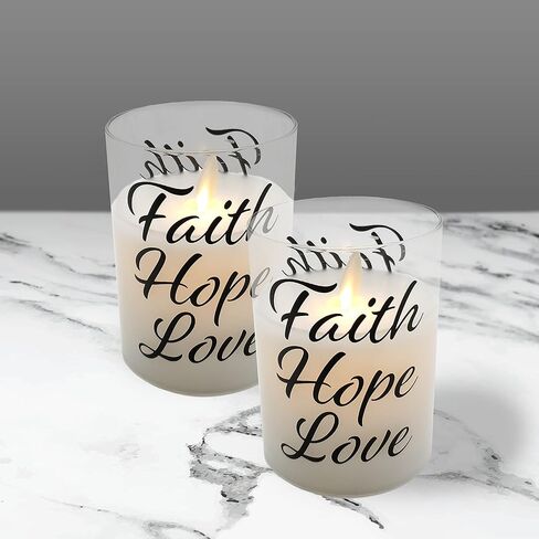 شموع زجاجية LED تعمل بالبطارية من LumaBase مع لهب وامض، Faith Hope Love - مجموعة من قطعتين in Kuwait
