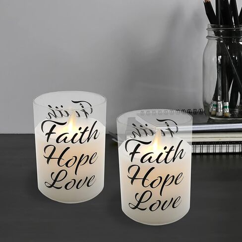 شموع زجاجية LED تعمل بالبطارية من LumaBase مع لهب وامض، Faith Hope Love - مجموعة من قطعتين in Kuwait