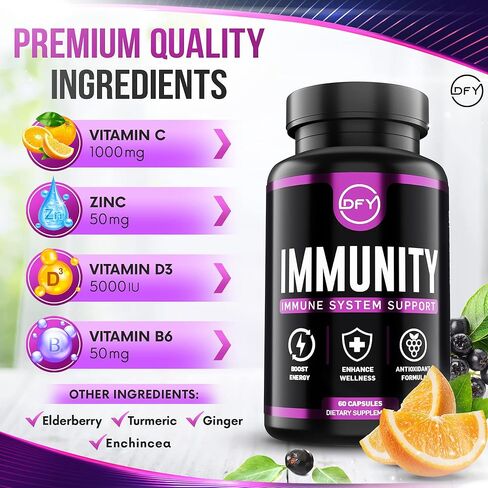 DFY Immune Support Capsules - with Elderberry Sambucus, Vitamin C, Sambucus Elderberry, Vitamin D3 5000 IU, Zinc, and Ginger in Saudi Arabia