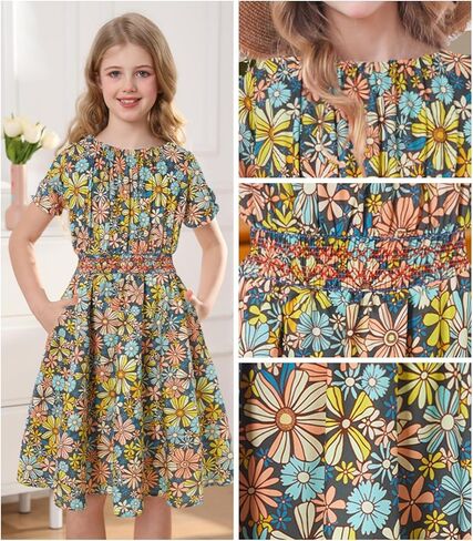 فستان للفتيات ذو خصر مكشكش مزين بالزهور فستان متوسط ​​الطول بأكمام منتفخة مع جيوب مقاس 7-14 in Kuwait