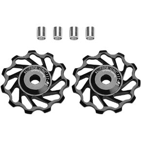 Bike Derailleur Pulley, 2Pcs 11T/13T Bike Guide Roller Ceramic Bearing Rear Pulley Wheel with Hole Adapter (11T-Black)