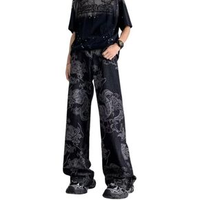 Jukpem Stacked Jeans Y2k Men Goth Ripped Jeans Grunge Pants Y2k Fashion Graphic Jeans Hop Hip Distressed Denim Streetwear