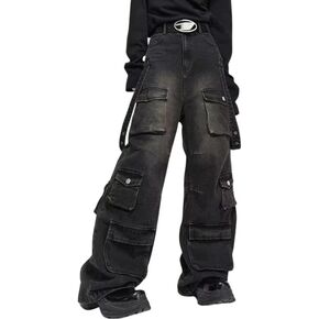 Jukpem Stacked Jeans Y2k Men Goth Ripped Jeans Grunge Pants Y2k Fashion Graphic Jeans Hop Hip Distressed Denim Streetwear in Saudi Arabia