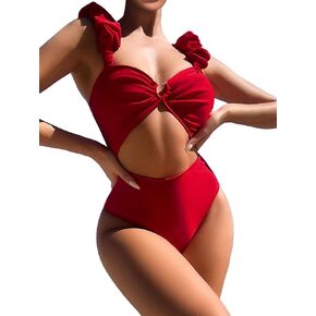 WDIRARA Women's Cut Out Ruffle Trim Ring Linked One Piece Swimsuit Monokini Bathing Suit