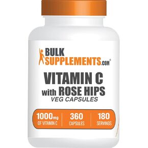 BulkSupplements.com Vitamin C with Rose Hips Capsules - Vitamin C 1000mg & Rosehips 15mg, for Immune Support - Vegan, 2 Capsules per Serving, 360 Veg Capsules (Pack of 1)
